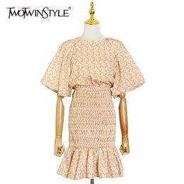 Hollow Out Print Dress For Women O Neck Puff Sleeve High Waist Vintage Dresses Female Fashion Clothing Summer 210520