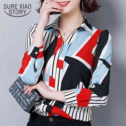 Fashion women blouses print striped chiffon blouse shirt plus size v collar office work wear long sleeve shirts 2231 50 210506