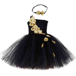 Black Gold Flower Petals Tutu Dress Tulle Girls Evening Pageant Wedding Dress Children Gown for Girls Kids Birthday Party Dress G1218