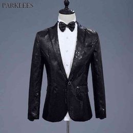 Mens One Button Black Sequin Glitter Embellished Dress Blazers Nightclub DJ PromSuit Jacket Men Stage Singers Blazer Masculino 210522