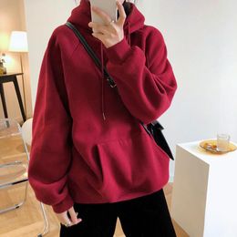 Women's Hoodies & Sweatshirts Autumn Women Hooded Long Sleeve Sweatshirt Korean Style Hoodie Soft Loose Casual Pullover Deep Red Green Solid