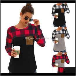Tops Womens Clothing Apparel Drop Delivery 2021 Women Plaid Splicing Tshirt Female Round Neck Long Sleeve Panel Pullover Top Tees With Pocket