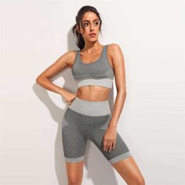 women Sports Set Yoga Sportswear High Waist running Shorts Cropped tops Stretch Gym Suits SeamlFitnClothing X0629