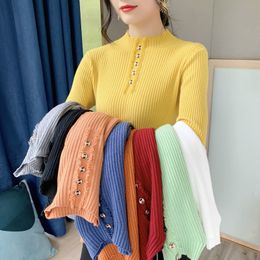 Autumn Button Half Turtleneck Women Sweaters New Casual Pullover Long Sleeve Knitted Bottoming Female Slim Jumper Plus Size 210412