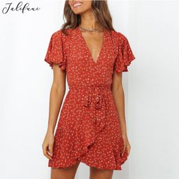 Women Cotton Bohemian Printed V-neck Mini Dress Lady Fashion Short Sleeve Ruffle Empire Slim A-line Summer dress Holiday Vestido 210415