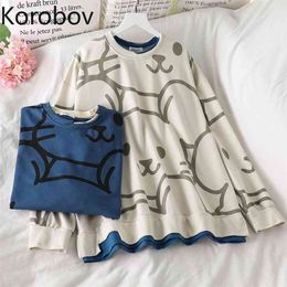 Korobov Autumn Winter Kawaii Cartoon Print Women Sweatshirts Korean Hit Colour Patchwork Fake 2 Pcs Hoodies Outwear Tops 210430