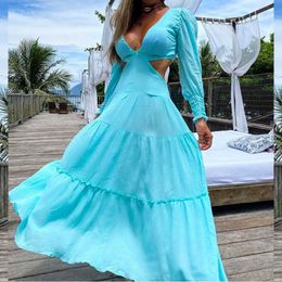 New ladies solid Colour slim long skirt summer women's sexy V-neck stitching hollow backless suspender dress Y1006