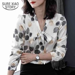 Bow Collar Office Plus Size Print Chiffon Blouse Shirt Womens Tops and Blouses Long Sleeve Women Shirts 2064 50 210417