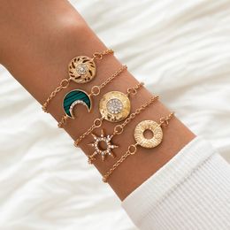 5Pcs/Set Bohemia Geometric Circle Moon Charm Bracelets Hollow Rhinestone Sun Star Decor Gold Color Chain Wristlets Jewelry Gift