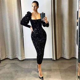 Winter Women Black Sequin Slash Neck Knee Length Dress Sexy Long Sleeve Club Celebrity Evening Runway Party 210423