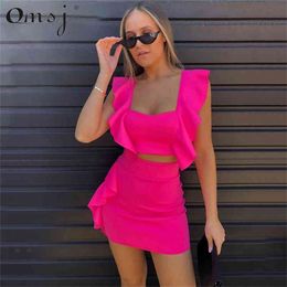 OMSJ Beach Style 3 Colours Women Summer Dress Neon Pink Green Orange Ruffle Crop Top+ Mini Skirt Sexy Night Club Outfits 210517