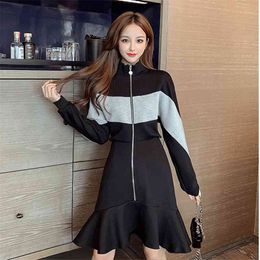 Spring Autumn Women's Dress Korean Style Zipper Stitching Contrast Color Fishtail Loose Waist Short es QX925 210507