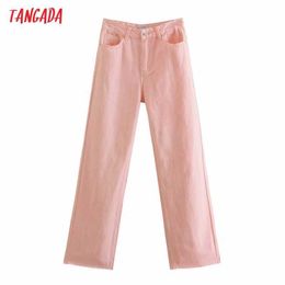 Tangada Fashion Women Pink Wide Leg Jeans Pants Long Trousers Pockets Buttons Female Pants 4M187 210609