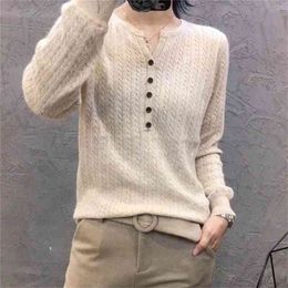 Girl Striped Knitted Long-sleeved Sweater Women Loose Fashion Button Frill V-neck Bottoming Pullovers Jumpers Female Spring 210427