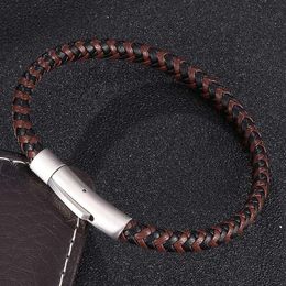 Charm Bracelets Classic 6mm Black Brown Leather Mix Braided Unisex Fashion Stainless Steel Snaps Accessories Weave Bangles Gifts S0459