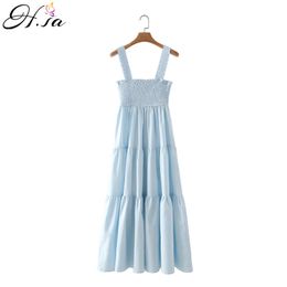 H.SA Dresses Holiday Beach Sleeveless Elastic Waist Dress A -Line Solid Spaghetti Strap Casual Blue Summer Boho 210417