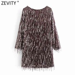 Women High Street Tassel Sequined Decoration Straight Mini Dress Female Sexy Back V Chic Vestido Party Clothes DS4877 210420