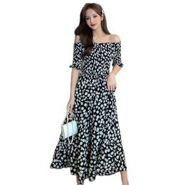 Fashion women's dress summer style retro one-neck strapless small daisy printed long for women 210520