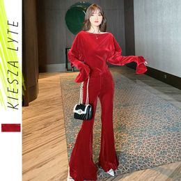 Fashion Two -Pieces Suit Sets Women Flared Sleeve Crop Top Wide Leg Trousers Pants Bodycon Fitness Velvet Tracksuits Set Casual 210608