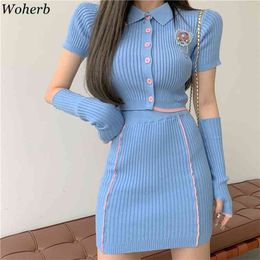 Knitted Stretch 3 Pieces Set Women Short Sleeve Crop Top + Sexy Mini Pencil Skirts Korean Chic Bodycon Outfits Suit 210519