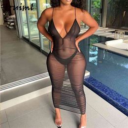 Plus Size Women Clothing Summer Solid Colour Mesh See Through Sexy Long Dresses for High Waist Evening Party Bodycon Dress 210513