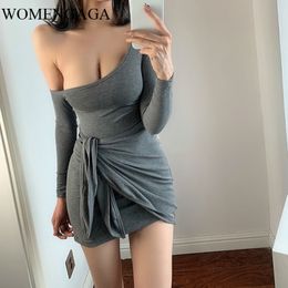 WOMENGAGA Sexy Autumn Winter New Irregular One Shoulder Low Chest Thin High Waist Tie Fashionable Full Sleeve Mini Dress C17M X0521