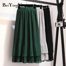 Vintage Pleated Skirt Women Ruffles Lining Chiffon Patchwork Black Casual Midi Skirts Long Korean Saias Mujer Faldas 210506