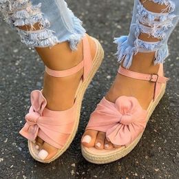 2021 Women Bowtie Sandals Womens Hemp Platform Flat Ladies Knot Buckle Straps Shoes Female Summer Beach Footwear Plus Size