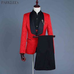Mens Wedding Groom 3 Piece Red Suits (Jacket+Vest+Pants) One Button Shawl Lapel Floral Jacquard Tuxedo Suit Men Costume Homme 210522