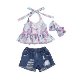 1-6Y Toddler Kid Baby Girls Clothes Set Ruffles Sleeveless Vest Tops Denim Shorts Outfits Headband Children Costumes 210515