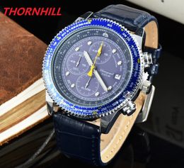 Mens watches 44mm quartz movement automatic date calendar all dial work leather strap outdoor sports business clock stopwatch mont313T