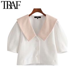 TRAF Women Sweet Fashion Button-up Cropped Blouses Vintage Lapel Collar Puff Sleeves Female Shirts Chic Tops 210415