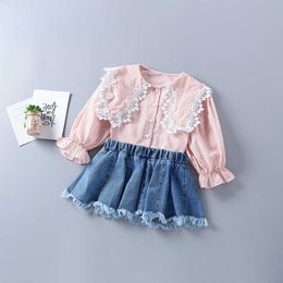 2-7 years high quality girl clothing set autumn fashion plaid pink yellow shirt + demin skirt kid children clothes 210615