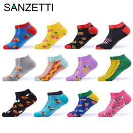 SANZETTI 12 Pairs/Lot Summer Women Casual Novelty Colourful Combed Cotton Ankle Socks Harajuku Happy Short Socks Plaid Tend Socks 210720