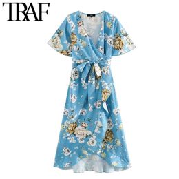 TRAF Women Chic Fashion Floral Print Ruffled Wrap Midi Dress Vintage Short Sleeve With Belt Female Dresses Vestidos 210415