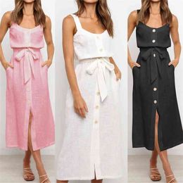 Summer Dress Women Casual Sling Buttons Split Backless High Waist Sashes Midi Sexy Sleeveless Bubble Crepe Female Sundress 210522