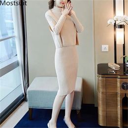 Autumn Knitted Elegant Two Piece Sets Women Sleeveless Tops + Long Sleeve Dress Suits Casual Fashion Ladies Outfits 210513