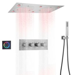 Brushed Nickel Thermostatic Shower Head 24*12 Inch LED Bathroom Rainfall Atomizing Shower Set With Handheld