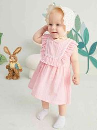 Baby Contrast Lace Ruffle Trim Eyelet Detail Sleeveless Dress Without Hat SHE