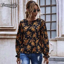 Autumn Floral Print Top Blouse Women High Street Round Neck Long Sleeve Retro Casual Ladies Tops and Blouses 210510