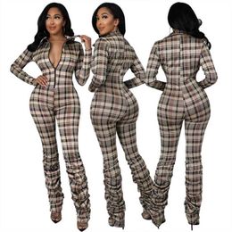 Womans plaid tute tuteli elegante slim fit risvolto collo con cerniera primavera manica lunga mucchio di pantaloni moda pagliaccetti a pieghe