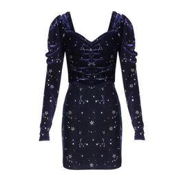 PERHAPS U Navy Blue Black Star Velvet Long Sleeve Mini Short Pencil Dress V Neck Print Winter Autumn Elegant Sexy D0828 210529