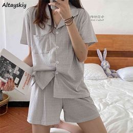 Pyjama Sets Women Couple Ulzzang Causal Sleepwear Female Summer Lovely Girls Simple Cosy Soft Japanese Style Sweet Plaid Basic X0526