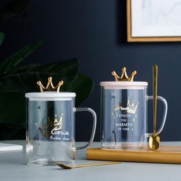 Mugs Creative Nordic Wind With Gold Crown Lid Cup Ins Mug Spoon Coffee Glass Water Milk Tea Cups Xmas Gift