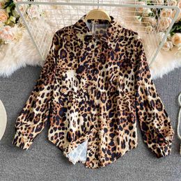 Spring European American Style Blouse Female Loose Thin Lapel Leopard Print Blusa Casual Long-sleeved Shirt GK858 210506