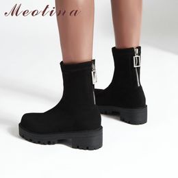 Women Boots Winter Ankle Flock Square High Heel Short Zipper Round Toe Shoes Lady Autumn Plus Size 34-43 210517