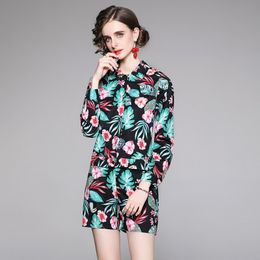 Summer Black Floral Printing Chic Long Sleeve Blouse Shirt + Casual Short Women Retro Two piece set Women Street Suit 210514