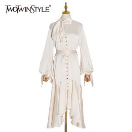 Asymmetrical Lace Up Dress Female Stand Collar Flare Sleeve High Waist Hollow Out Midi Women Fashion 210520