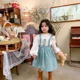 Spring Korean Style Baby Girl 2-pcs Sets Embroidery Shirts + Solid Color Overalls Dress Kids Clothes E655 210610