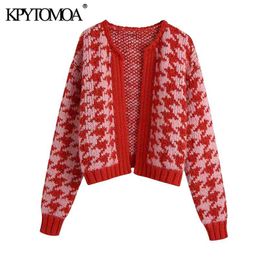 KPYTOMOA Women Fashion Houndstooth Crop Open Knit Cardigan Sweater Vintage O Neck Long Sleeve Female Outerwear Chic Tops 210914